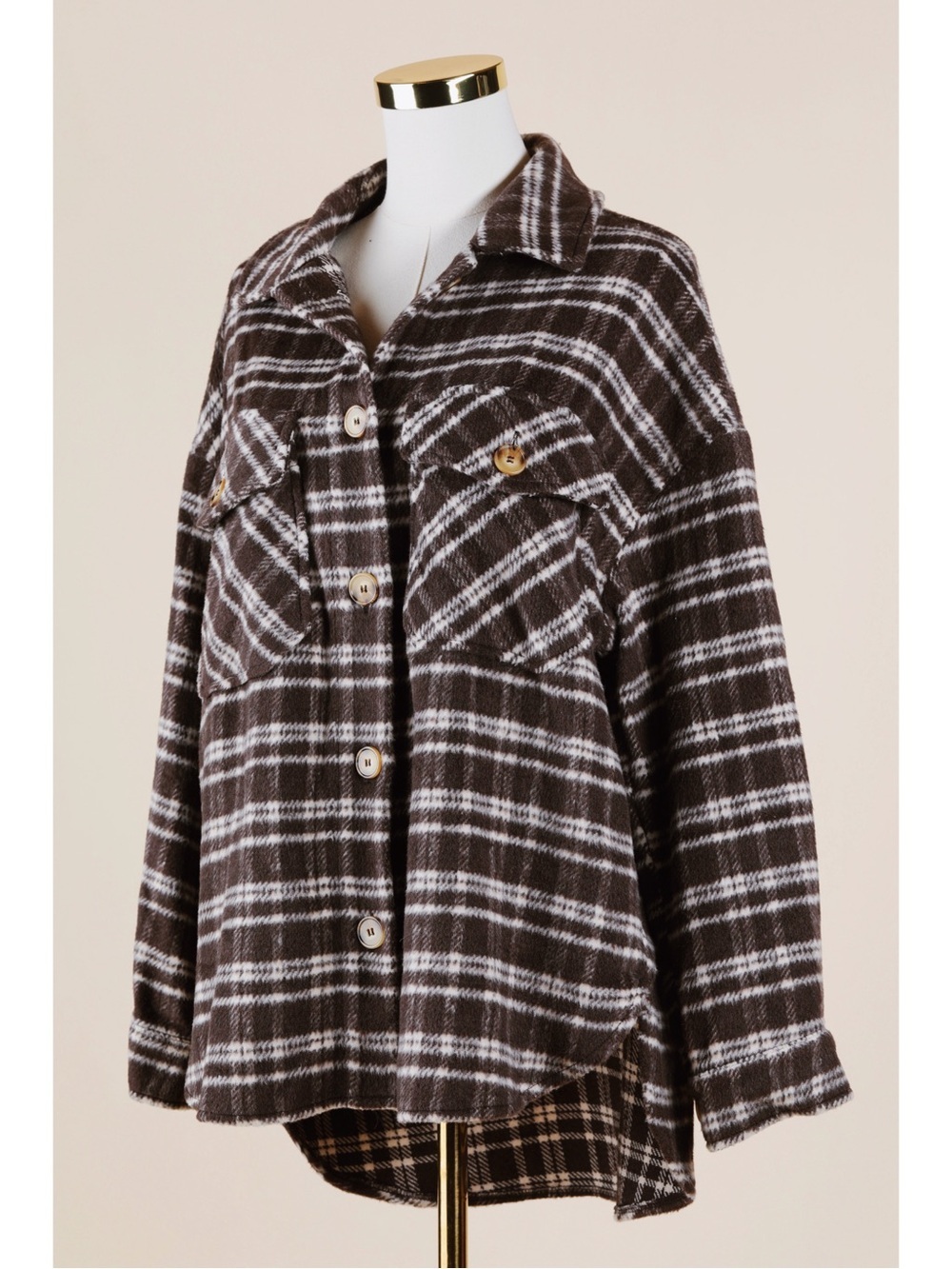 Sz S Timing Brown Plaid Oversized Boyfriend Fit Button Down Knit Shacket EUC